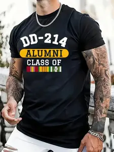 Men's DD-214 Alumni Class of Print T-Shirt - 100% Cotton Breathable Stretch Casual Tee, Loose Fit Short Sleeve Round Neck Top for Independence Day, Mother's Day, Labor Day, PLUS SIZE
