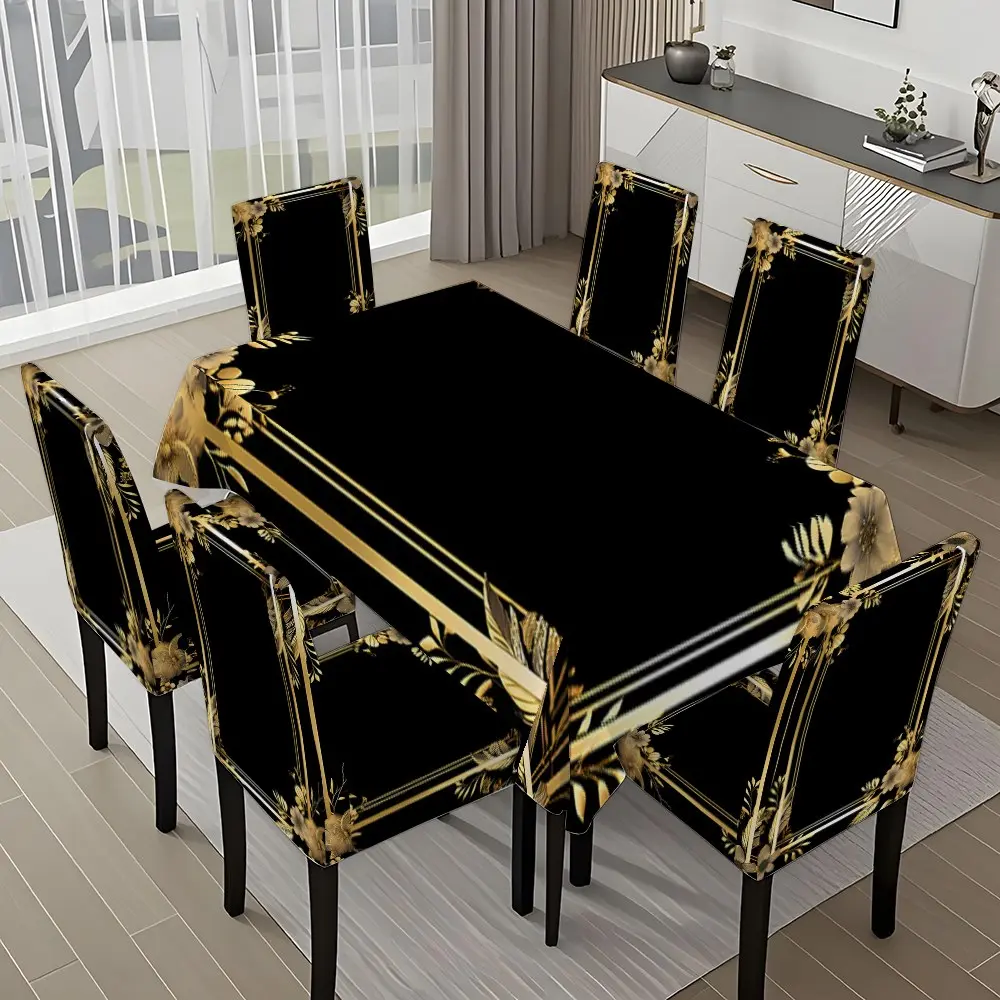5/7-piece 2D Printing Black and Gold Floral Border Printing Pattern Tablecloth and Chair Covers Set, Chair Covers for Dining Chairs, Dining Room Chair Covers, for dining table and chair decoration, for home, holiday gatherings, parties