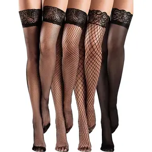 4 Pairs Fishnet Thigh High Stockings| Silicone Lace Top Sheer Tights| Sexy & Comfortable for Party/Cosplay