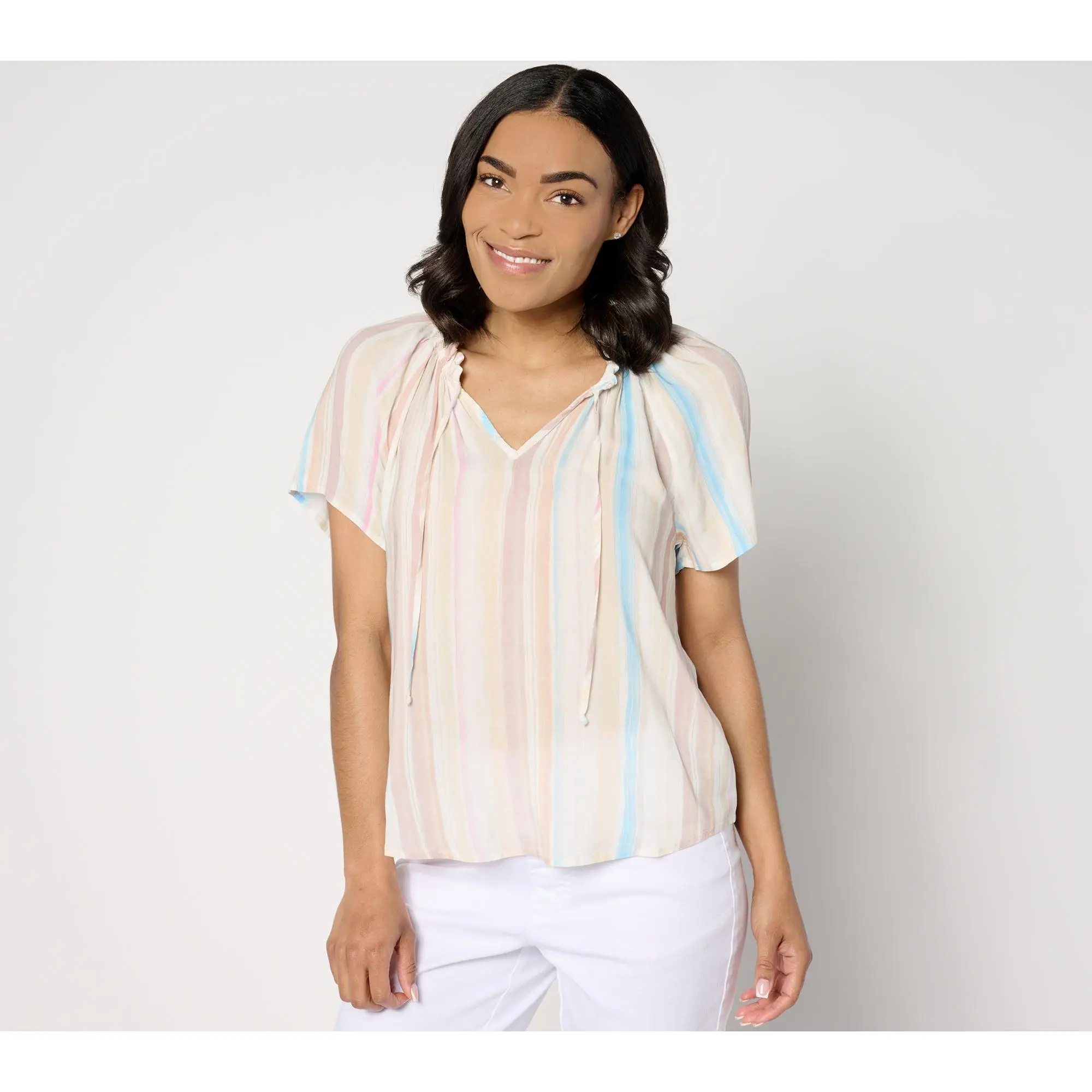 Side Stitch Ruffle Neck and Sleeve Top - Desert Stripes