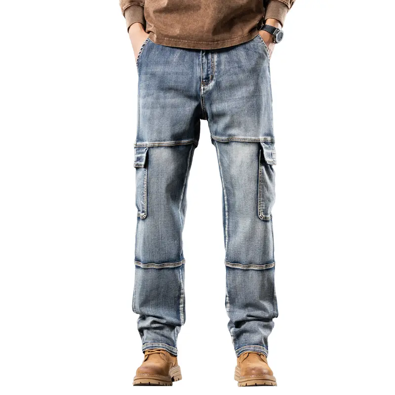 Men's Vintage Stretch Cargo Jeans - Relaxed Straight-Leg Denim Pants with Flap Pockets & Horizontal Stitching, Waist 28–42. Streetwear #CargoJeans #Men'sDenim #TikTokMadeMeBuyIt