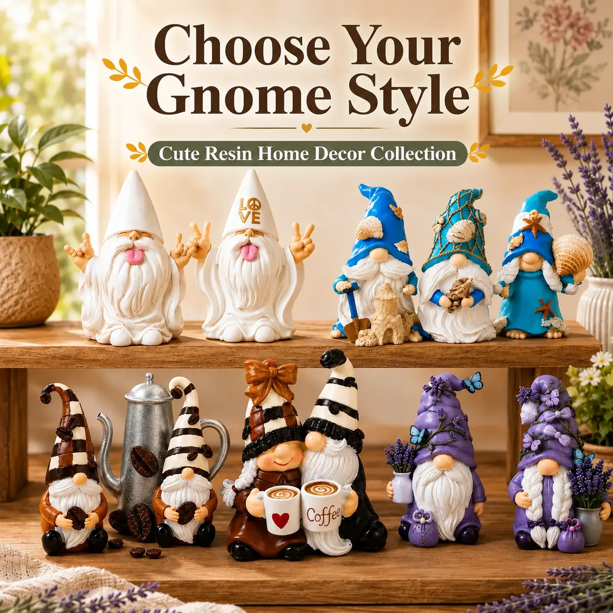 6 Themed Gnome Figurine Set – Resin Rock, Love & Peace, Ocean, Coffee Couple & Lavender Designs – Cute Aesthetic Home Decor Gift for Shelf, Desk & Indoor Display