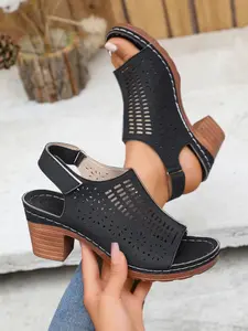 Women's Chunky Heel Hollow-Out Breathable Lightweight Casual Trendy Sandals, Casual Open Toe PU PVC Shoes, Medium Width Cuban Heels