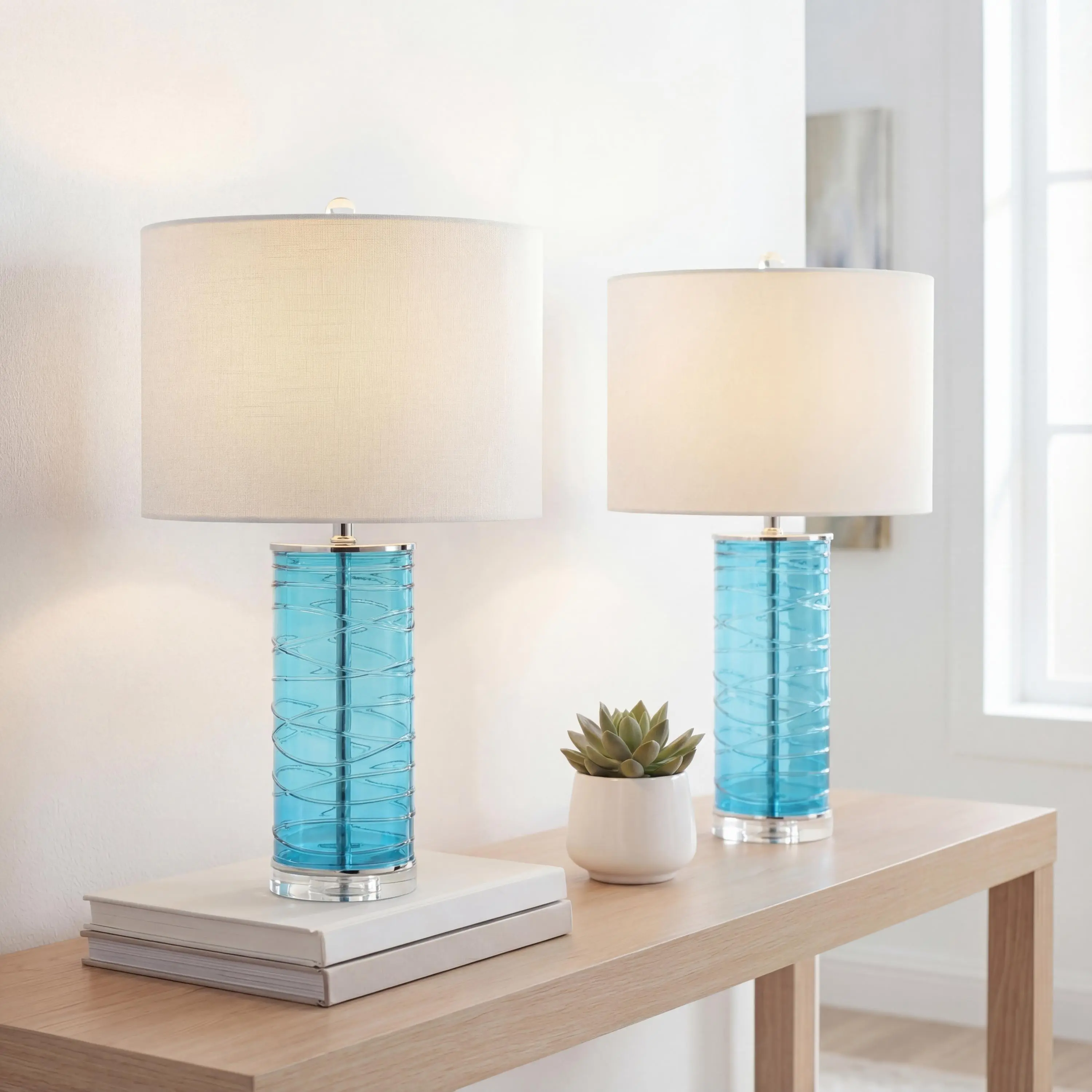 JONATHAN Y Cole 27.5" Fused Glass Table Lamp, Set of 2 | Cylinder Body, White Linen Drum Shade, Crystal Base, Coastal Nightstand Bedside, Chrome Metal Finish, LED Bulbs Included