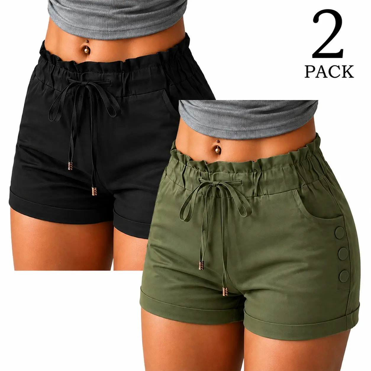 Women's Soft Smooth Satin Shorts, Casual High-Waisted Loose Fit Summer Beach Bottoms with Ruffle Drawstring Waist and Pockets, Breathable, Minimalist, Ruffled, Fabric, Basic, Outfits, Garment, Cropped, Button
