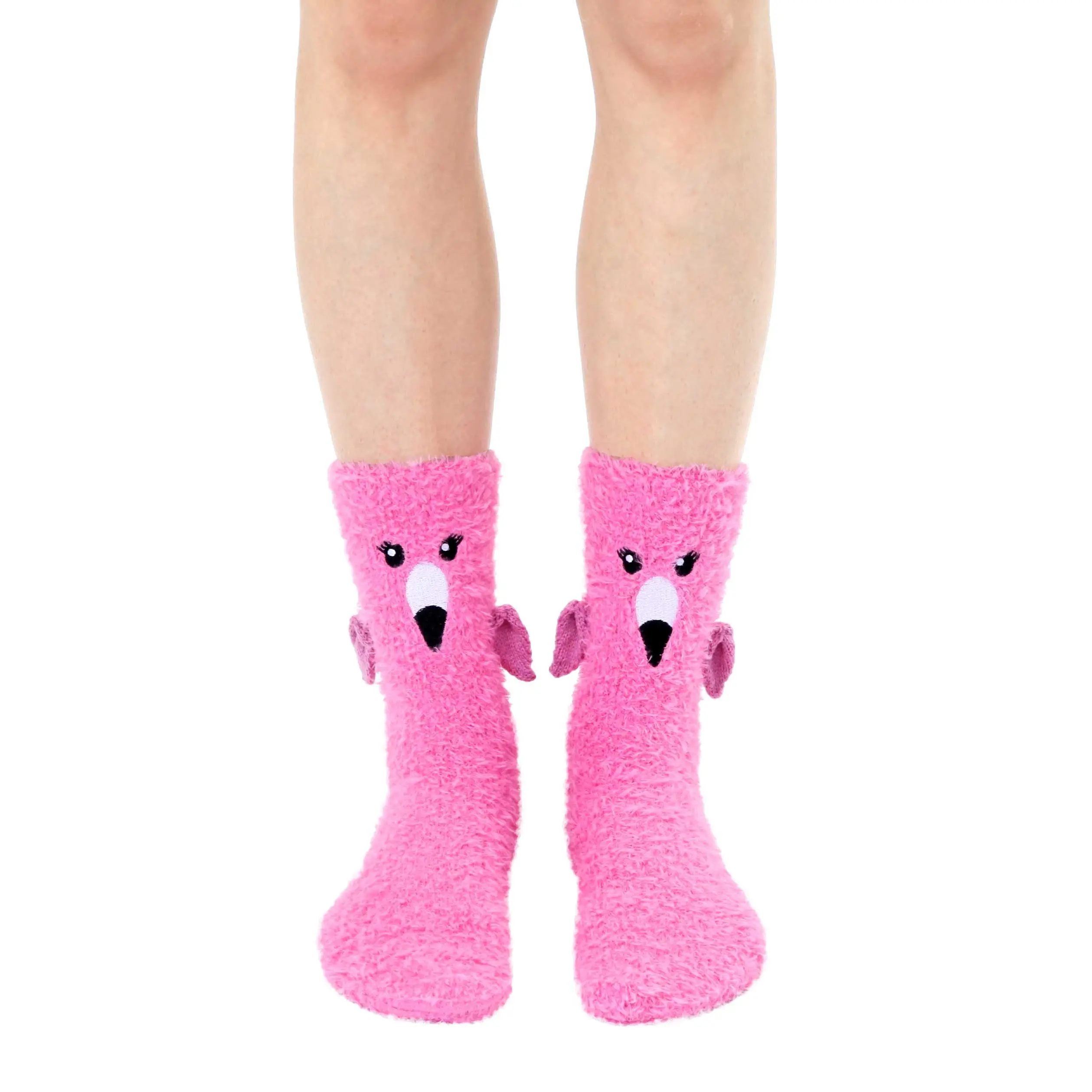 Fuzzy Flamingo Crew Socks | Soft Plush Cute Slipper Socks - Cozy Warm Winter Socks with Non-Slip Grip - Comfy Breathable Socks For Men & Women