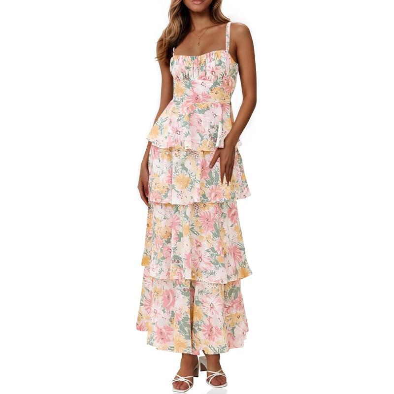Wenrine Womens Summer Floral Maxi Dresses Sleeveless Spaghetti Strap Tie Back Ruffle Tiered Flowy Dresses