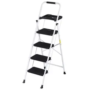 4 Step Ladder Folding Steel Ladder with Non-Slip Wide Pedal and Tool Tray White,summerwins