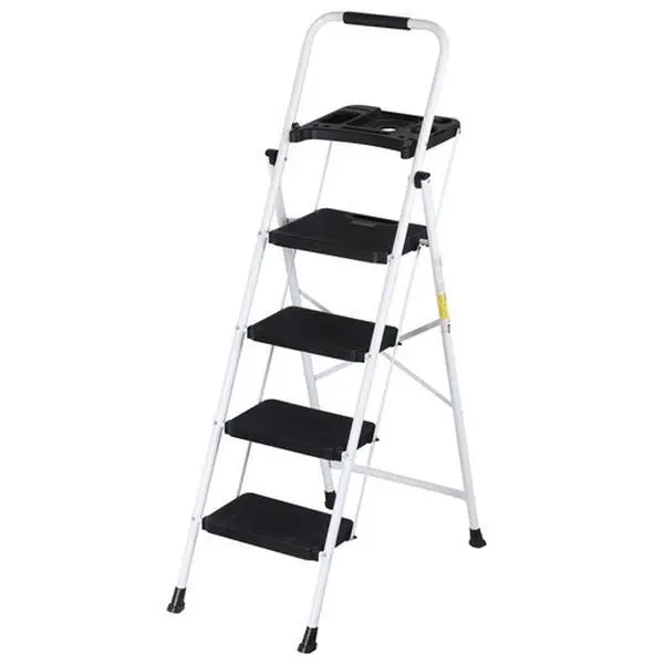 White 4-Step Folding Steel Ladder - Lightweight Foldable, Portable Collapsible, Sturdy Portable Design with Non-Slip Wide Pedals, Tool Tray, Rubber Grip