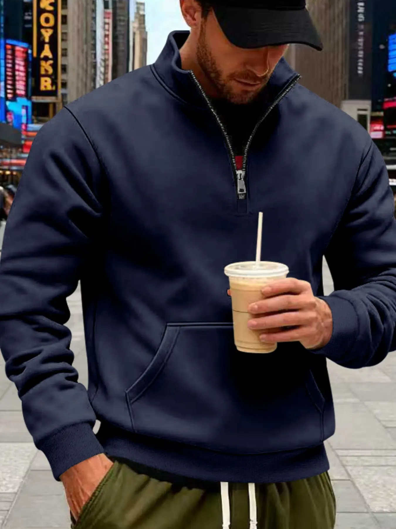 Men's Half-Zip Stand Collar Sweatshirt with Pocket, Casual Loose Fit Jacket, Fall Winter Outerwear, Daily Wear Essential