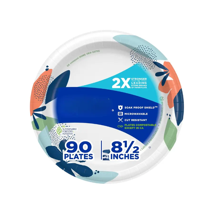 90 Count 8.5 Inch Disposable Paper Plates, Medium Paper Plates for Breakfast, Lunch, Dinner, Parties, Picnics and Everyday Meals