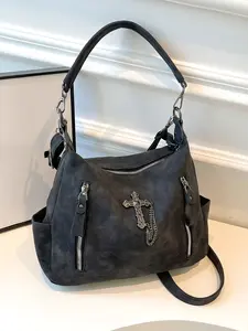 Halloween Distressed Black Shoulder Handbag, Fashionable Shoulder Bag, Cross Chain Decorated Punk Style Shoulder Bag, Metal Trendy Underarm Shoulder Handbag, Suitable for Daily Travel Casual Commuter Bag, Crossbody Purse, Crossbody Shoulder Bags