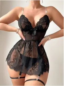 Rabbit Barbie Sexy Lace Babydoll Lingerie for Women with Garter Mesh Chemise Nightgown Sheer Pajama Dress