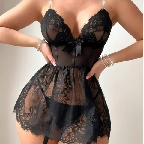 Women's 2-Piece Soft Comfy Lingerie Set - Elegant Lace Babydoll Chemise Nightgown, Garter Belt Lace Detailing, Mesh Accents, Rabbit Motif, Sexy Lounging Underwear for Women