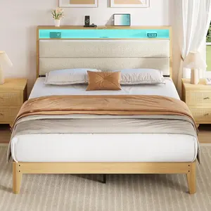 Boucle Bed Frame with Headboard and LED Lights Smart RGB LED Light Headboard with Charging Station Multi-Functional Storage Space Sturdy and Easy Assembly