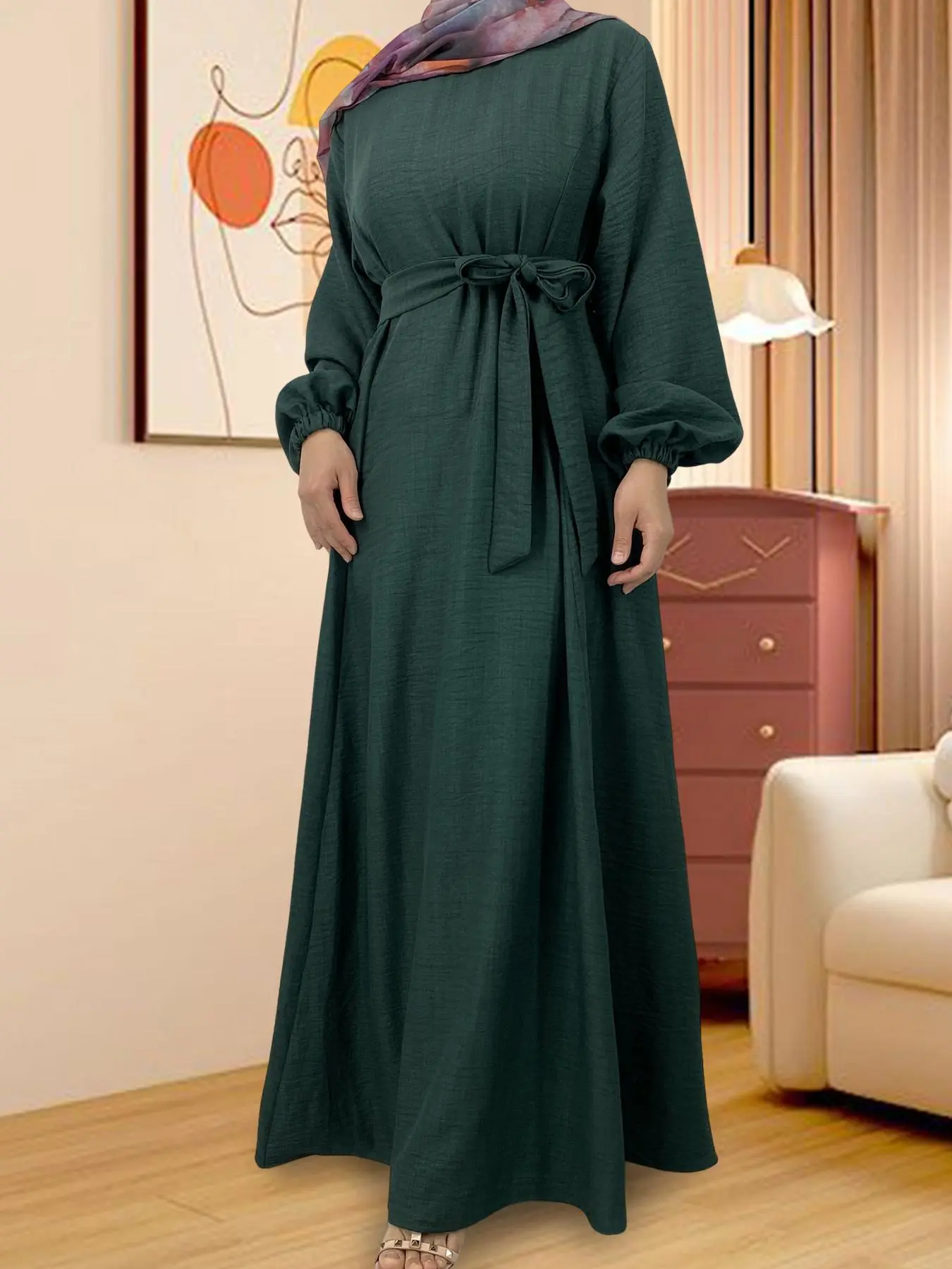 Women's Solid Color Pocket Design Lounge Dress, Casual Modesty Comfy Long Sleeve Belted Dress for Daily Wear, Ladies Sleepwear for All Seasons, Modest Style Dress, Abaya Dress, Muslim Dresses, Islamic Clothing
