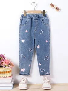 Girls Heart Embroidered Casual Light Wash Jeans Pants, Loose Comfortable Kids Denim, Trendy Sweetheart Style for Daily Wear