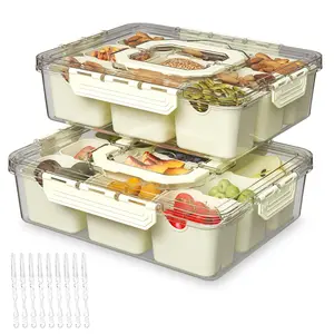 Divided Serving Tray with Lid and Handles 9 Compartments Snack Box Container Charcuterie Organizer Snackle Box Container for Candy,Nuts，Fruits,Snacks,2 Pack,Beige