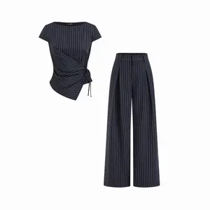 Cider Striped Boat Neck Short Sleeve Wrap Knotted Top & Mid Rise Straight Leg Trousers Set SwimWeek