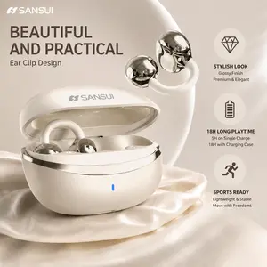 SANSUI Ear-Clip Open-Ear Wireless Earbuds, Bluetooth 5.3 Earbuds with ENC Dual Mic Noise Cancelling, 18H Playtime, Comfortable & Lightweight for Sports, Running, Cycling, Daily Use