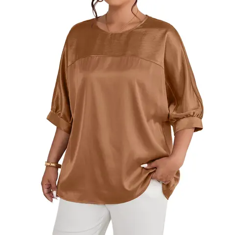 Eytino Womens Plus Size Glossy Satin Crew Neck Three Quarter Length Sleeve Casual Loose Blouses Shirts (1X-5X)