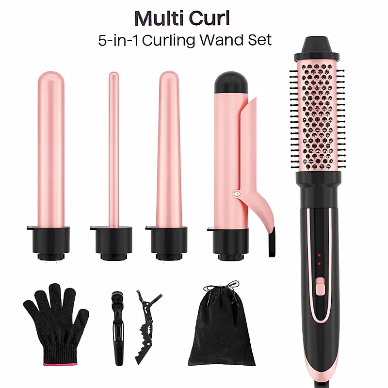 HEIKKI 5-in-1 Tourmaline Ceramic Coated Curling Iron & Brush Set - Hair Styling Tools with 4 Interchangeable Barrels, Fast Heat Up, Glove, 2 Clips for Curly Hair, Bouncy Curls Sculpting