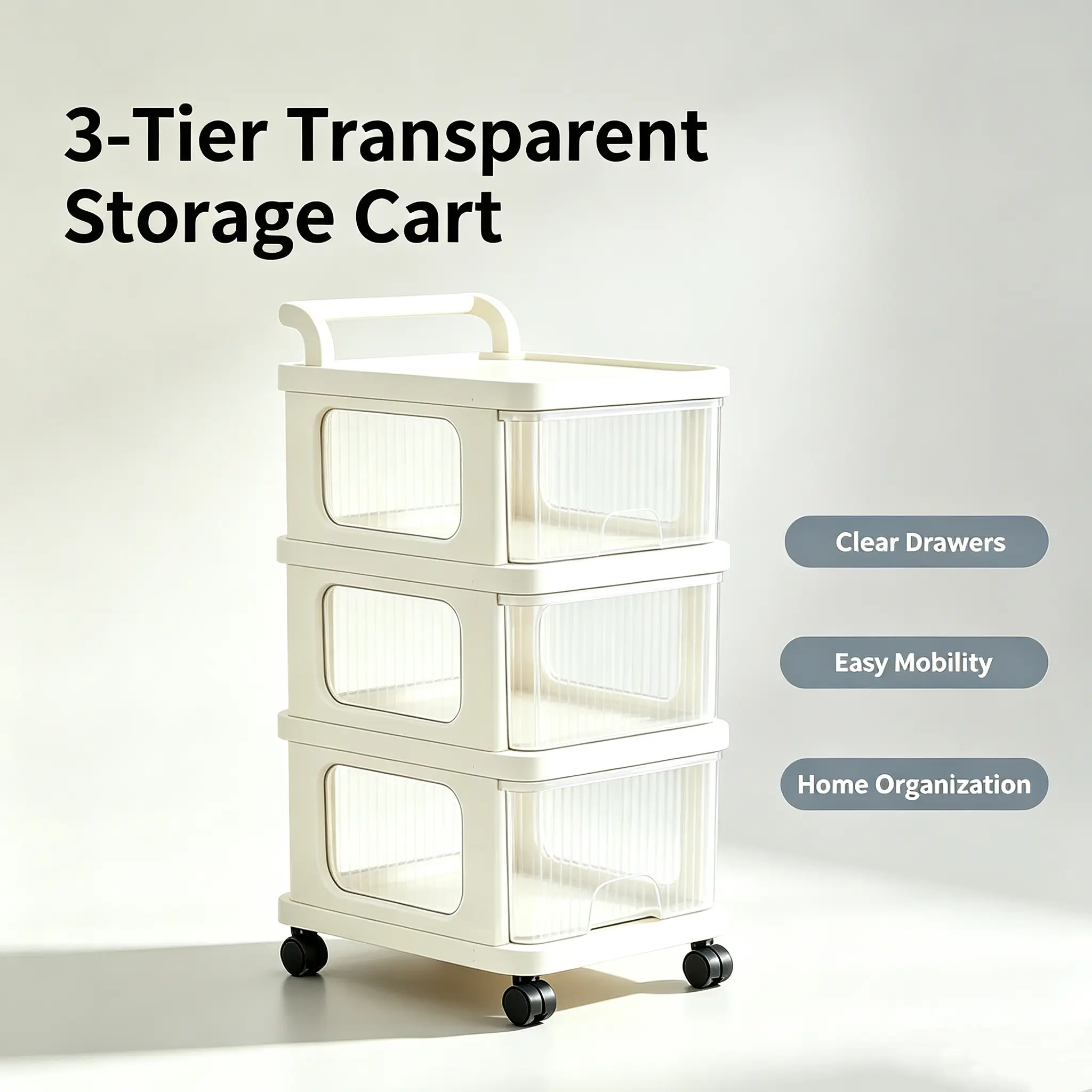 3-Tier Transparent Storage Cart with Clear Drawers for Easy Mobility and Home Organization