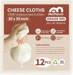 12Pcs Reusable Cheese Cloths 20x20 Inch, 100 Grade Cheesecloth Hemmed 4 Edges, 100% Unbleached Cotton Cheese Cloth Bag for Straining, Muslin Cloth Strainer for Baking, Juicing, Cheese, Crafts Making