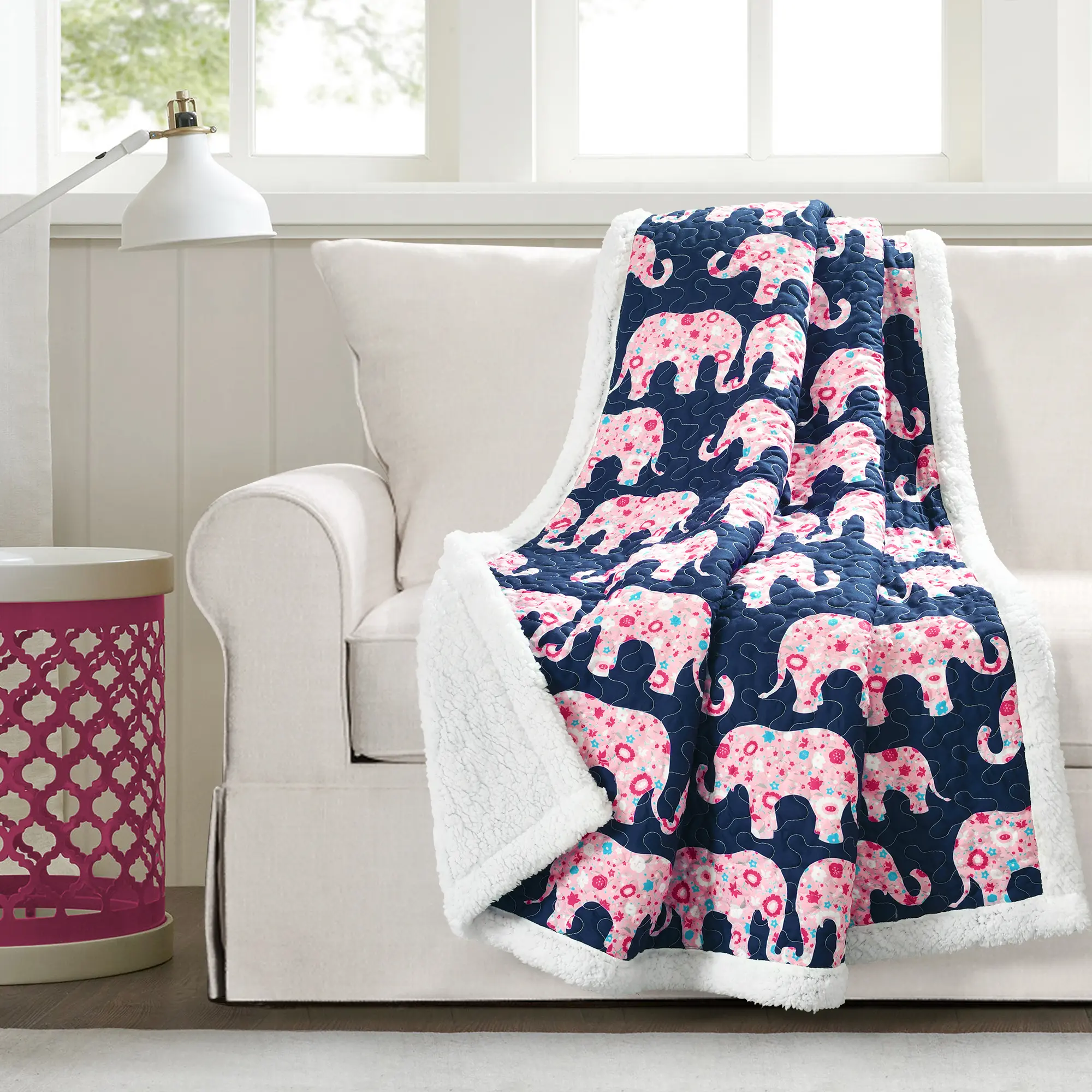 Lush Decor Elephant Parade Sherpa Fleece Throw 60"x50" Soft Elephants on Colored Background for Bedroom Living Room or Pet Bed