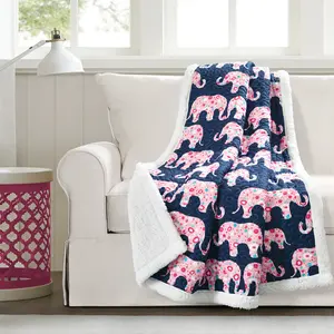 Lush Decor Elephant Parade Sherpa Fleece Throw 60"x50" Soft Elephants on Colored Background for Bedroom Living Room or Pet Bed