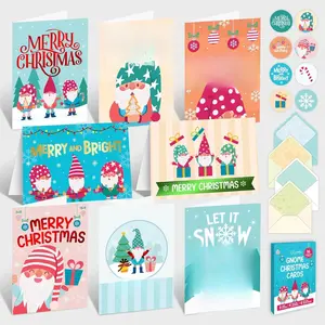 16 Pack Foiled 5x7in Gnome Christmas Cards with Envelopes and Stickers, 8 Adorable Designs Gnome Holiday Cards with Printed Message Inside