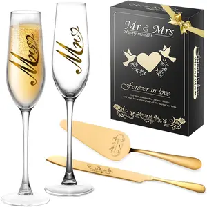 Mr and Mrs Champagne Flutes Wedding Cake Knife and Server Set Bride and Groom Champagne Glasses Cake Cutting Set for Wedding Bridal Shower Engagement Gifts for Couples Gold Set of 4