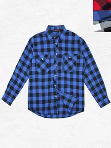 Men's Vintage Classic Blue and Black Plaid Checked Flannel Long Sleeve Button-Up Shirt, Casual Fitted Fall & Winter Top with Chest Pocket, Spring & Fall Fashion