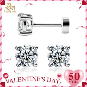 Delzzad Parallel Dream Solitaire Four-Prong Stud Earrings Flat Back Earrings Screw-on Synthetic Moissanite Earrings Jewelry S925 Sterling Silver Studs Moissanite Jewelry Perfect Birthday Engagement Wedding Anniversary Christmas Valentine's Day Gift