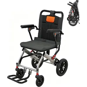 Ultra Lightweight Folding Elderly Transport Wheelchair In Gray Orange, Portable Travel Mobility Chair With Locking Handbrake, Flip-up Armrests And Swinging Footrests for Senior Daily Outings