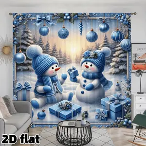 2D Flat 2Pcs Winter Snowman Printed Curtains Blue Christmas Theme Thermal Insulated Drapes Pole Pocket Design Holiday Festive Scene Semi Sunshade Window Panels Suitable for Living Room Bedroom Decorative Home Decor, Home Decoration Curtain