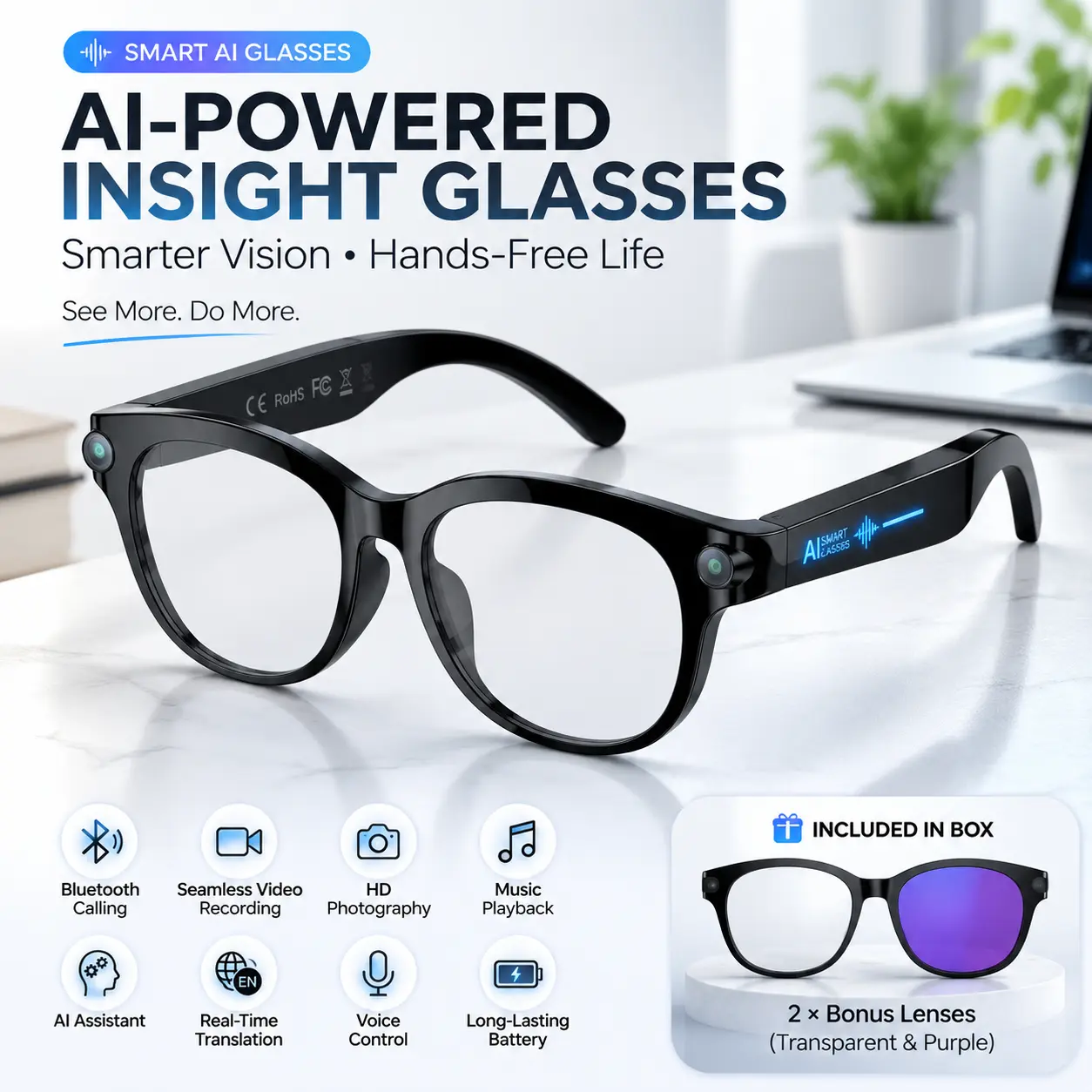 SMART SHOOTING Glasses with 8mp Camera,HD photo and video,bluetooth-compatible Connection,Ideal for outdoor Sports and Vlogging