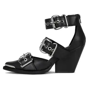 Strappy Heels Western Sandals for Women Chunky Heel Pumps Thick Closed Pointed Toe Heels Metal Buckle Strappy Shoes