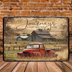 Vintage Red Truck Metal Wall Sign Rustic Farmhouse Decor, Antique Living Room Artwork, Home Office or Bedroom Decor, Reclaimed S