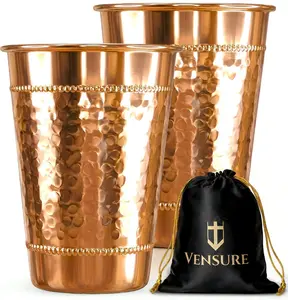 Hammered Pure Copper Water Drinking Glasses Set of 2 – Large 14 Oz Handcrafted Copper Drinking Cups Beautiful Copper Tumblers Ayurvedic Health Benefits Drinkware Cup Ideal Gift