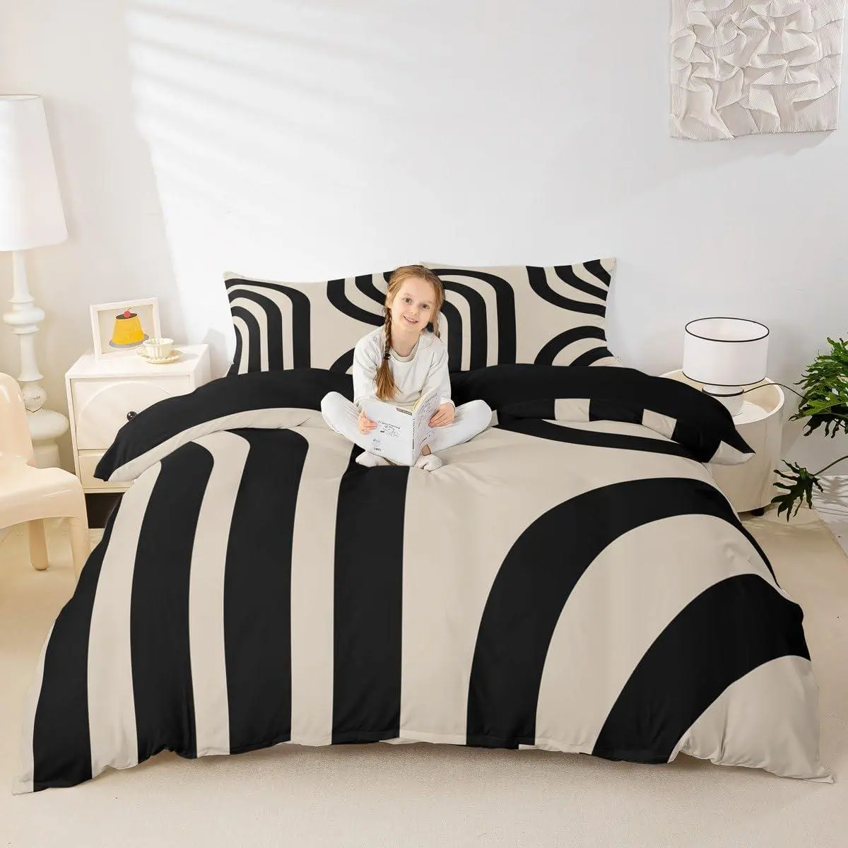 Feelyou Soft Microfiber Black and Beige Stripes Geometric Duvet Cover Set - Abstract Art Bedding, Soft Fabric, Multi-Size, Room Decor for Adults, Set Includes Duvet Cover (No Comforter)