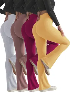 4-Pack Essential Elastic Fitted Flare Pants, High-Waisted Drop Waist Leg Shape Lightweight Mature Style Casual Women Pants Bottom