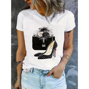 Vibrant High Heels Print T Shirt Women Casual Short Sleeve Tee Comfortable Relaxed Fit Crew Neck Summer Top Trendy Graphic Tops for Women Fashion Streetwear