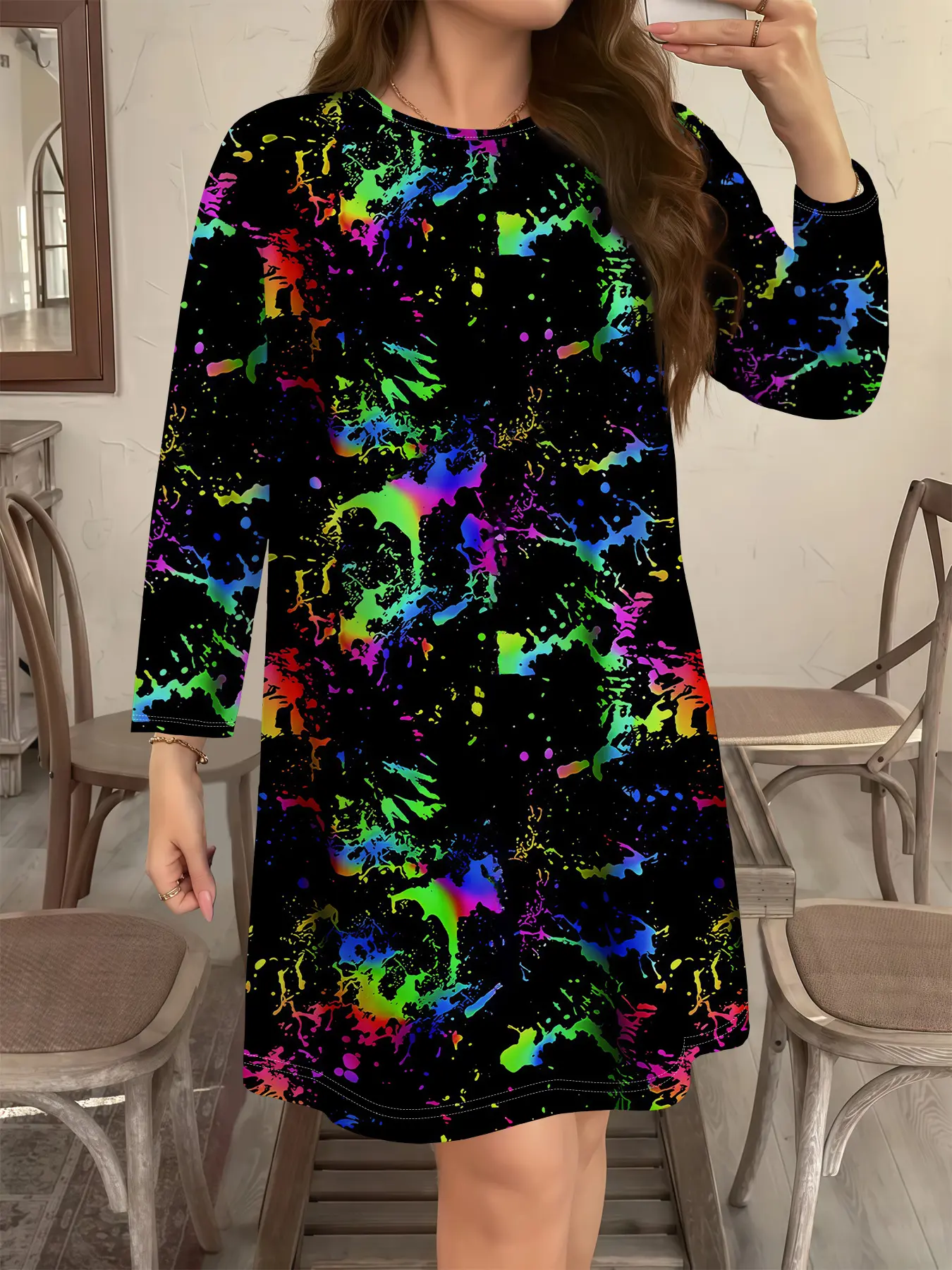 Plus Size Bright Color Ink Pattern Full Body Print Round Neck Long Sleeve  Dress, Casual Dream Style Soft Vacation Dress for Spring & Fall - TikTok  Shop