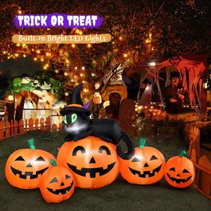5-foot Halloween inflatable pumpkin outdoor decoration, light inflatable courtyard decoration, 5PCS pumpkin with witch black cat  LED lights, suitable for balcony, family, holiday party, lawn, terrace outdoor activity props