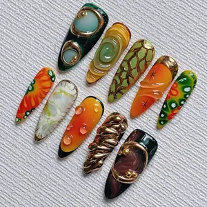 Vampire Gothic Press-On Nails Halloween Almond Ombre Set 10pcs with Colorful Designs and Gold Accents