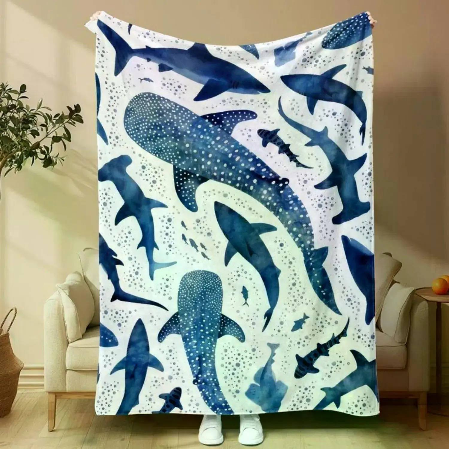 Soft Funny Throw Shark Pattern Blanket Warm Air Conditioned Room Cozy Nap Blanket for Home Office Travel Plush Throw Blanket