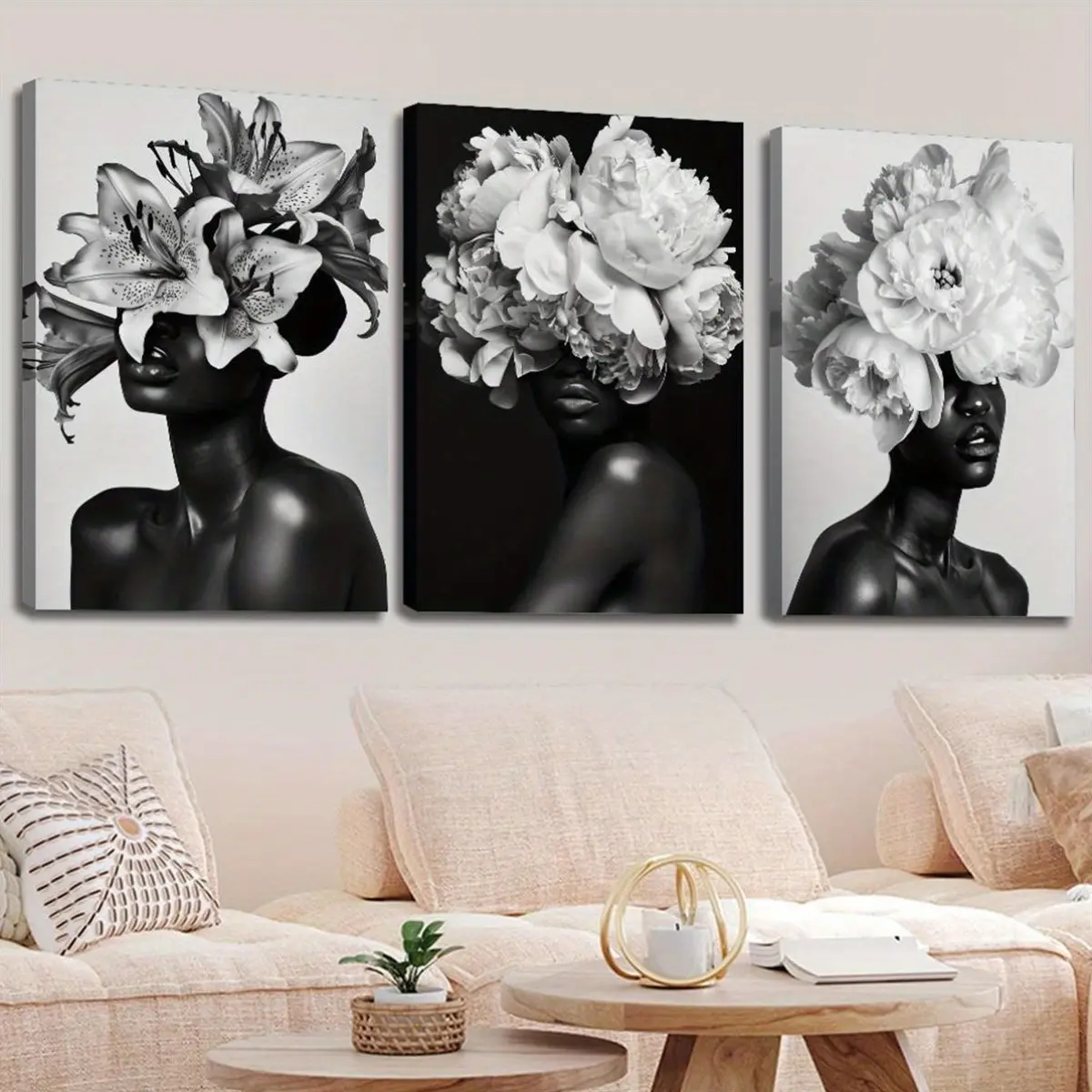 Black & White Modern Floral 2D 3-Piece Scroll Canvas Painting Set - Black American Woman Portrait, UV-Resistant Non-Toxic Artwork, Plants-Infused Modern Art Design, Home Decor Accessory for Indoor Decoration, Ideal Gift
