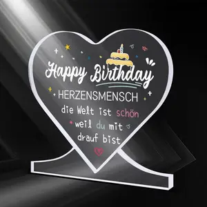 Acrylic Birthday Plaque Gift, White Font “Happy Birthday” Heart-shaped Sign with Base, Ladies' Birthday Decorations, Birthday Party Gifts, Souvenirs, Ornaments, and Souvenirs, Desktop Decorative for Home Office, Room Decor, Party Decor, Birthday