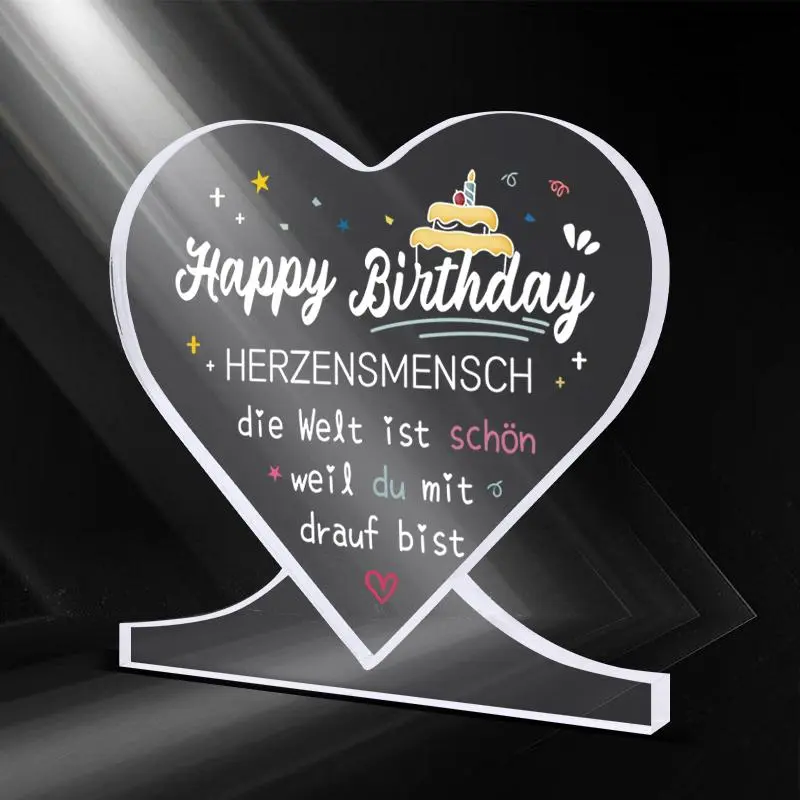 Acrylic Birthday Plaque Gift, White Font “Happy Birthday” Heart-shaped Sign with Base, Ladies' Birthday Decorations, Birthday Party Gifts, Souvenirs, Ornaments, and Souvenirs, Desktop Decorative for Home Office, Room Decor, Party Decor, Birthday